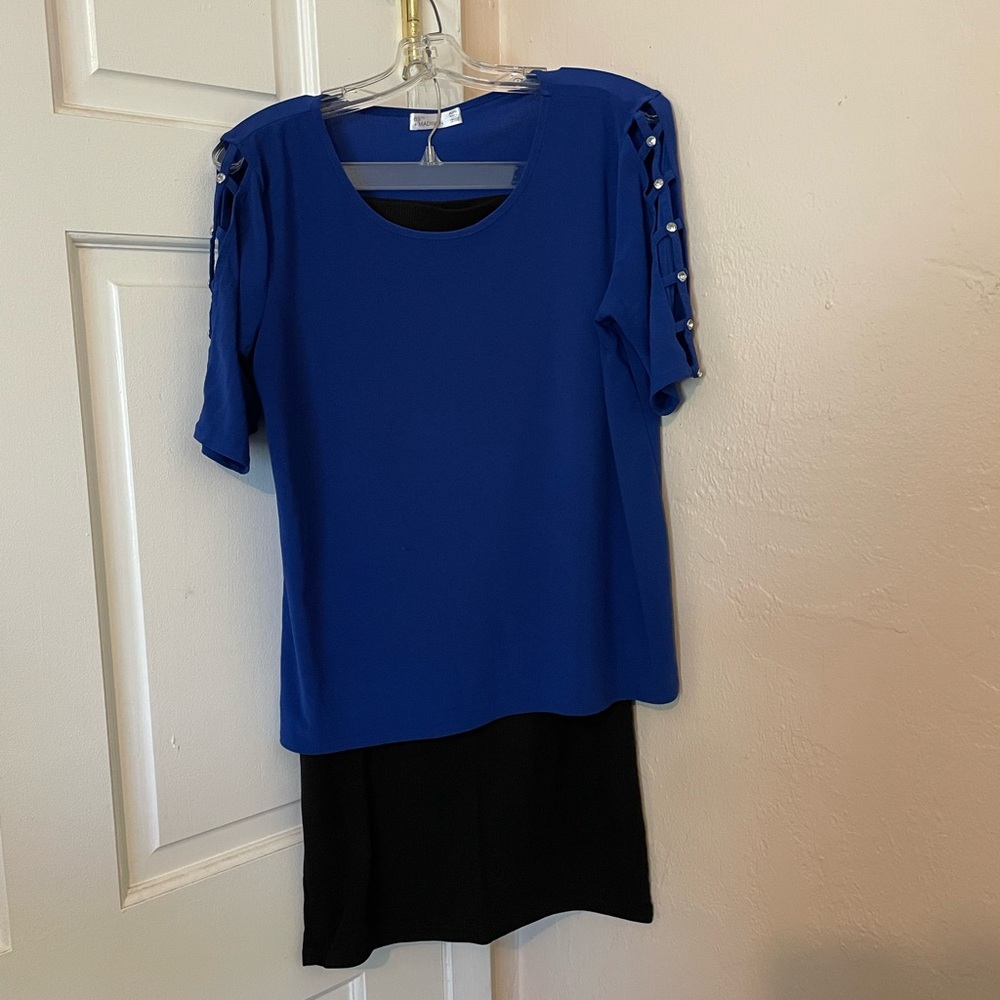 Madison Blue Shirt and Black Pencil Skirt